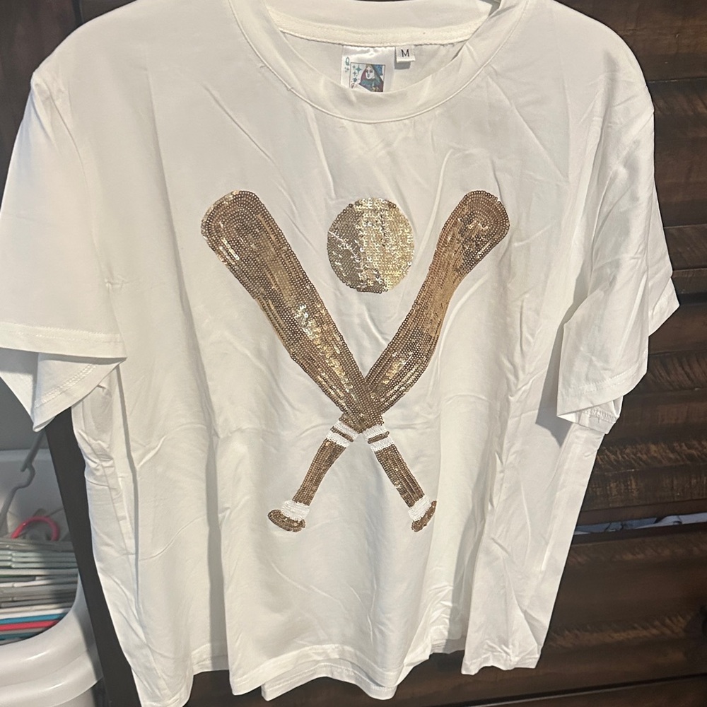 QUEEN OF SPARKLES White Tee with Gold Sequin Design